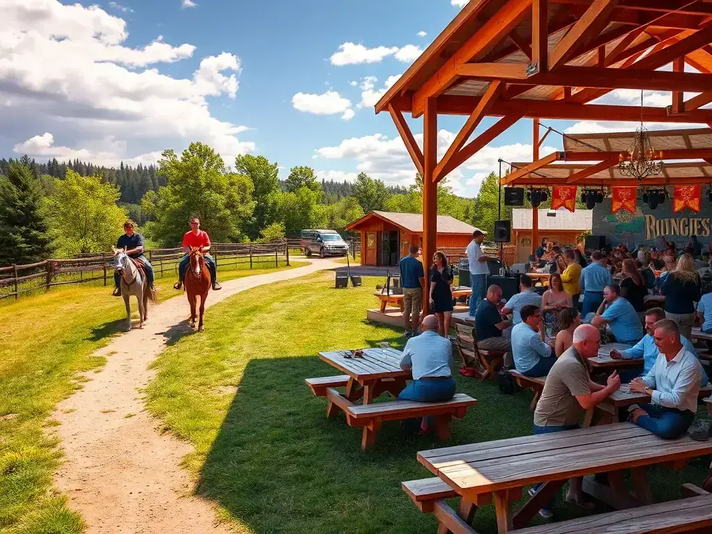 A vibrant glamping community hub featuring horseback riding trails and an outdoor concert venue, creating a lively atmosphere and attracting a diverse range of guests.
