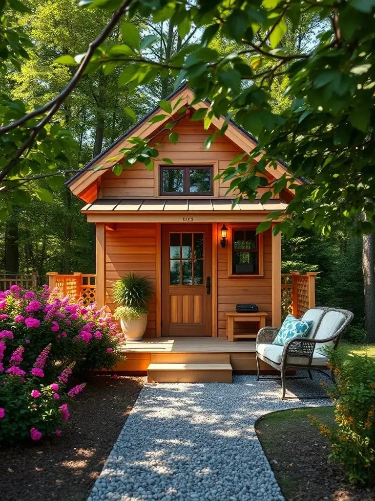 A cozy tiny home nestled in a lush glamping community, showcasing the investment potential in short-term rentals and resort-style living offered by Oed Glamping Retreats.