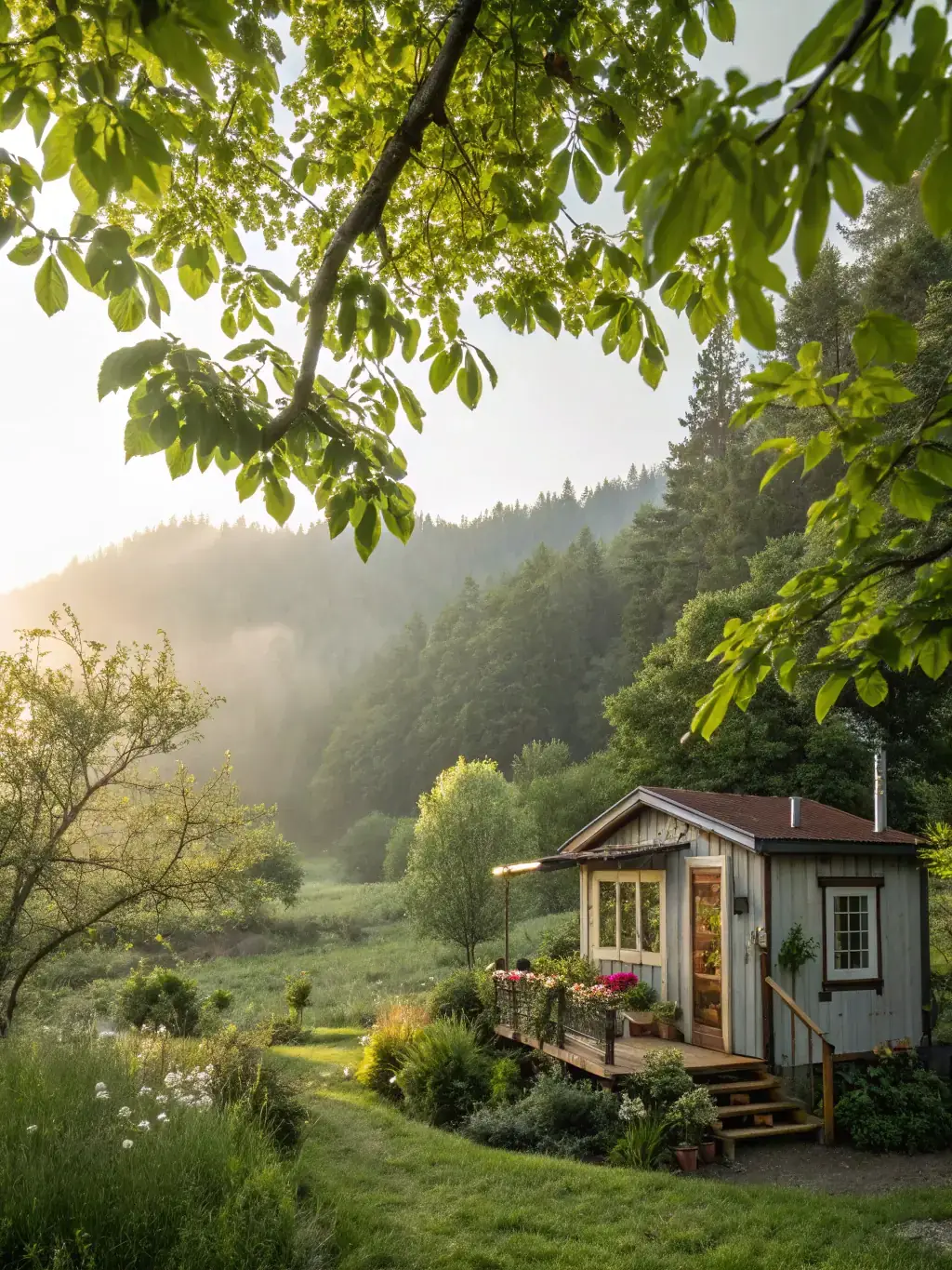 A cozy tiny home nestled in a glamping community, featuring a modern design with large windows overlooking a scenic landscape, blending comfort with nature.