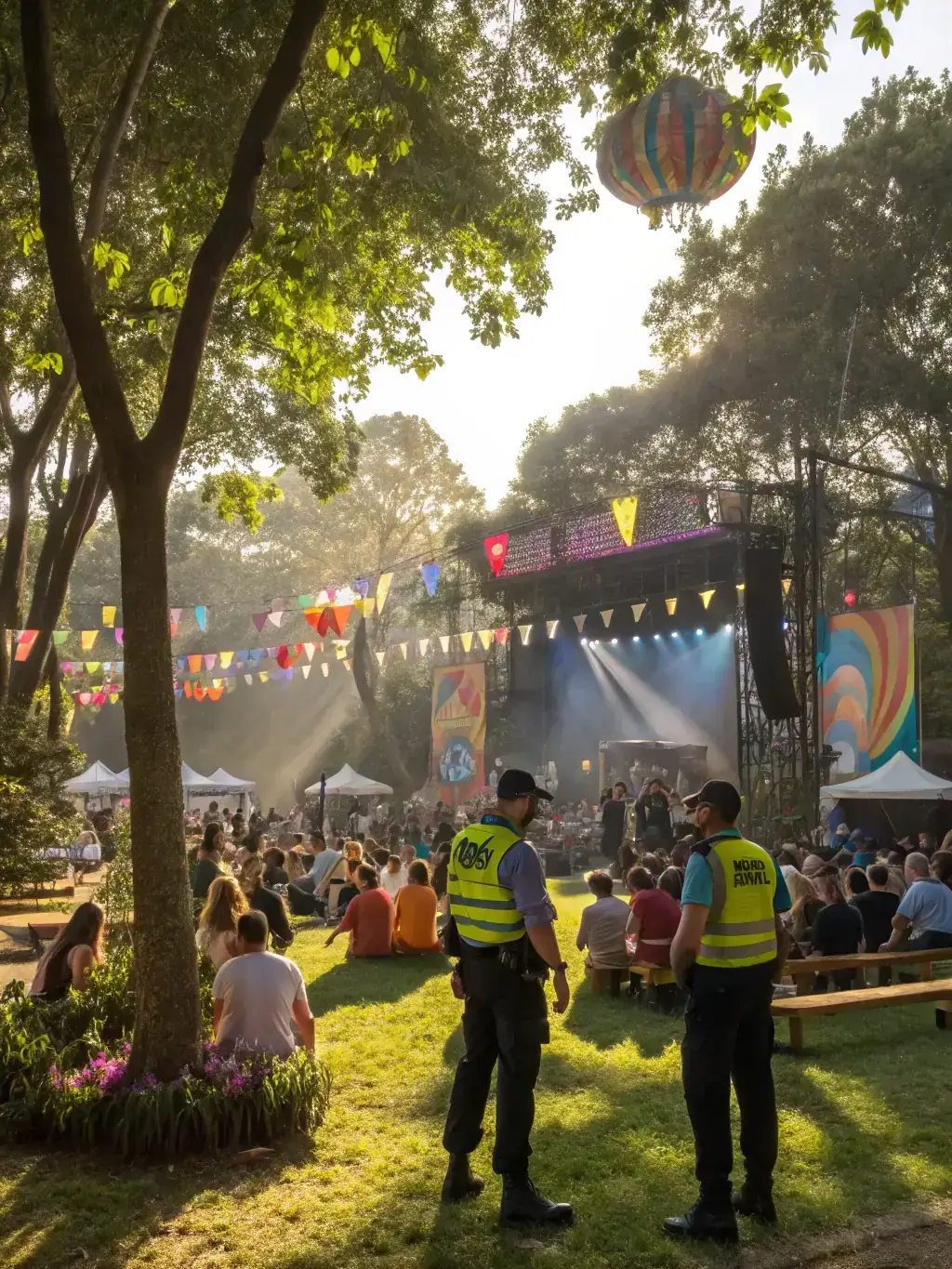 A lively outdoor concert venue within a glamping community, with a stage set against a backdrop of rolling hills and luxury tents, creating a vibrant atmosphere.