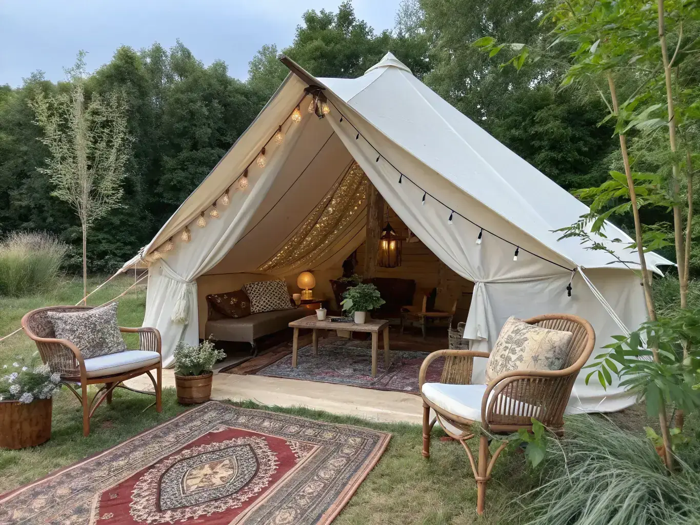 A picturesque glamping community featuring luxury tents and tiny homes nestled in a serene forest setting, showcasing the potential for high returns on investment.