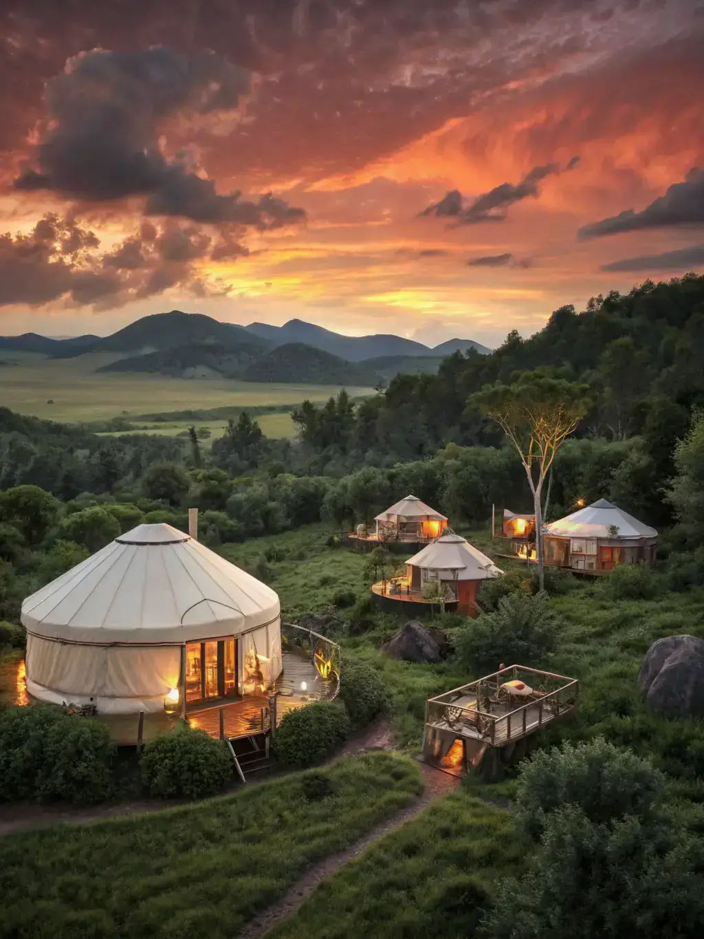 A vibrant glamping community showcasing a natural waterfall cascading into a clear pool, surrounded by lush greenery and luxury glamping tents.