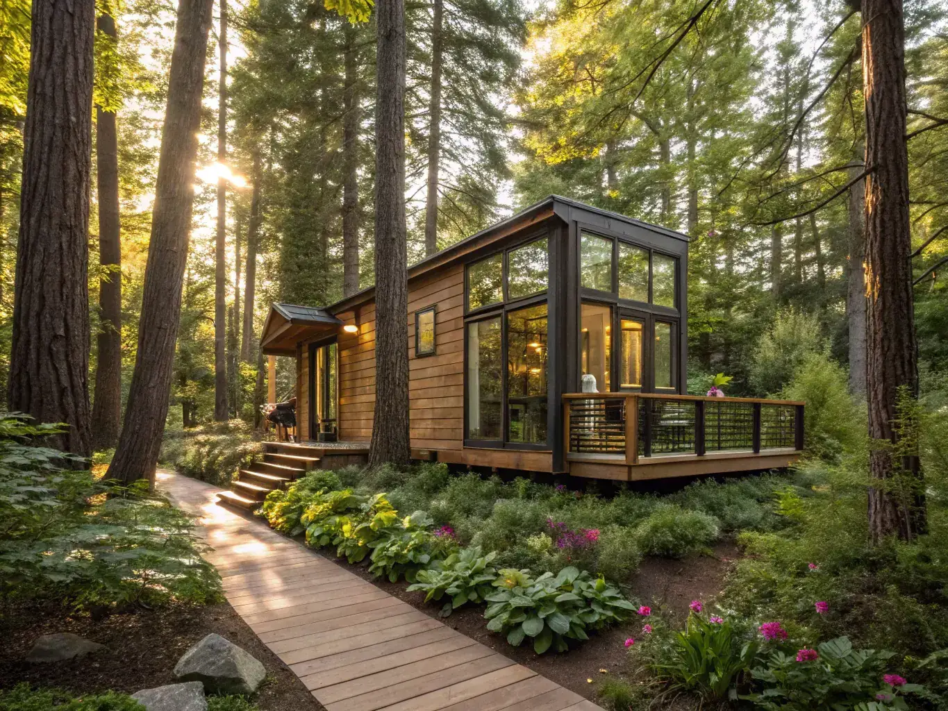 A modern, eco-friendly tiny home with large windows overlooking a scenic landscape, highlighting the sustainable and luxurious living experience.