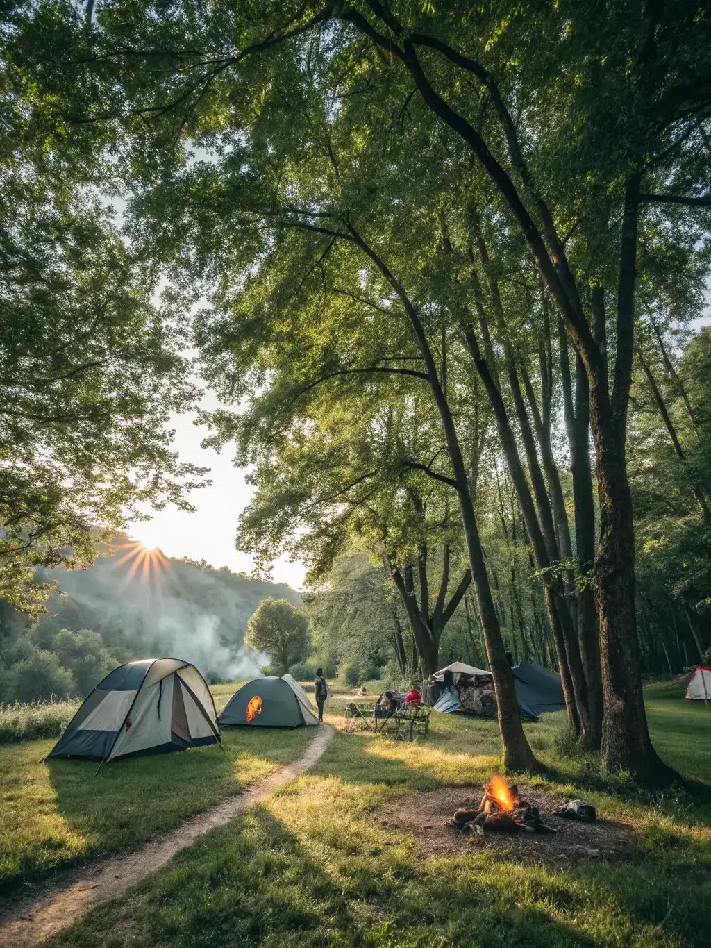 A picturesque glamping site featuring luxury tents nestled among tall pine trees, with a communal fire pit in the foreground, evoking a sense of community and relaxation.