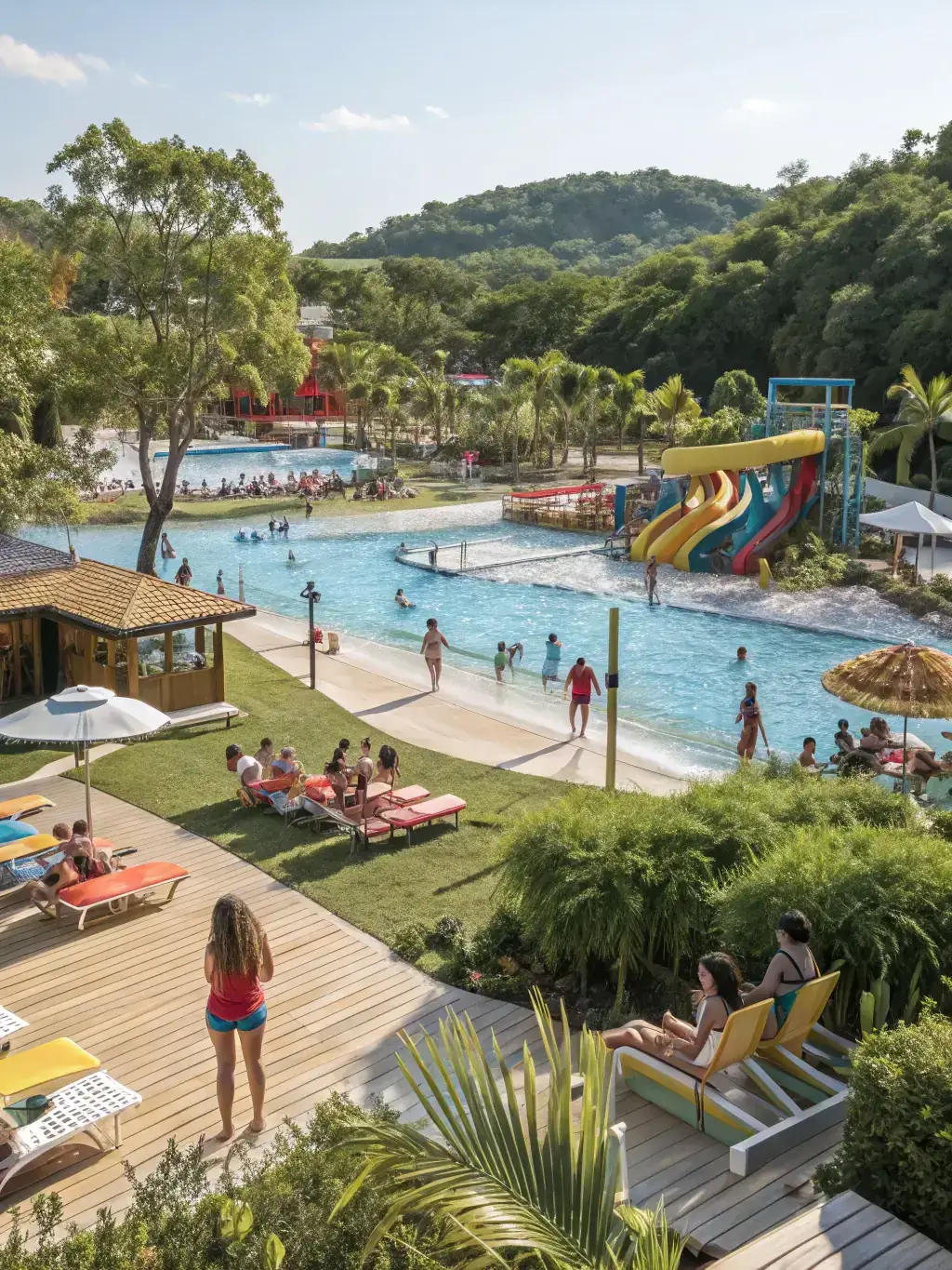 A vibrant glamping community featuring a waterfall, zipline, and horseback riding trails, emphasizing the unique attractions and diversified income streams of Oed Glamping Retreats.