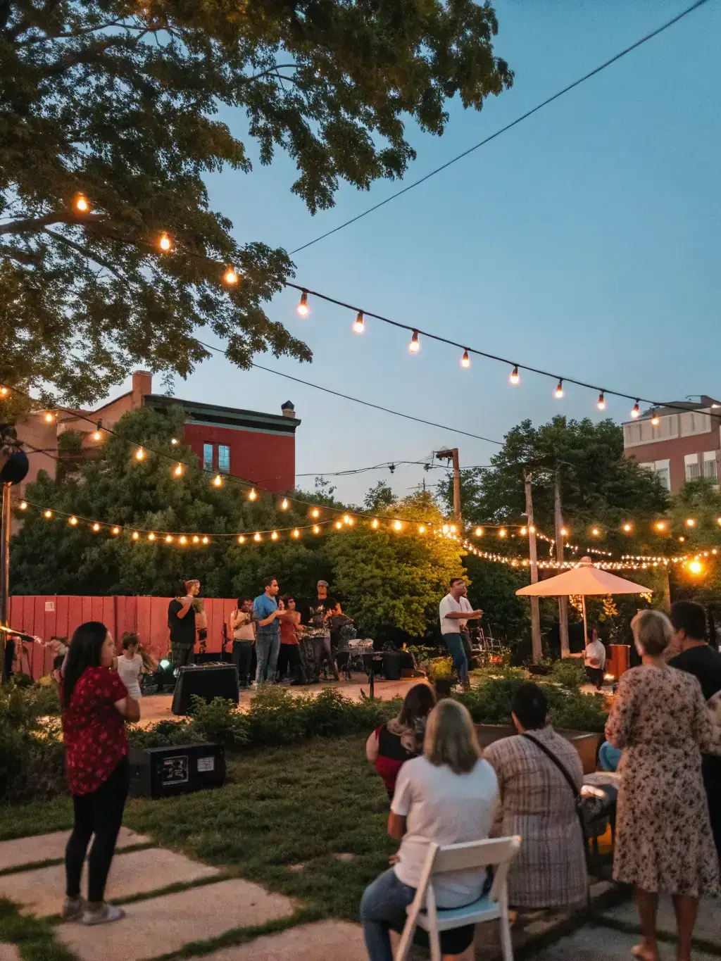 An outdoor concert venue within a glamping community, showcasing the entertainment options and community engagement that drive revenue for Oed Glamping Retreats.