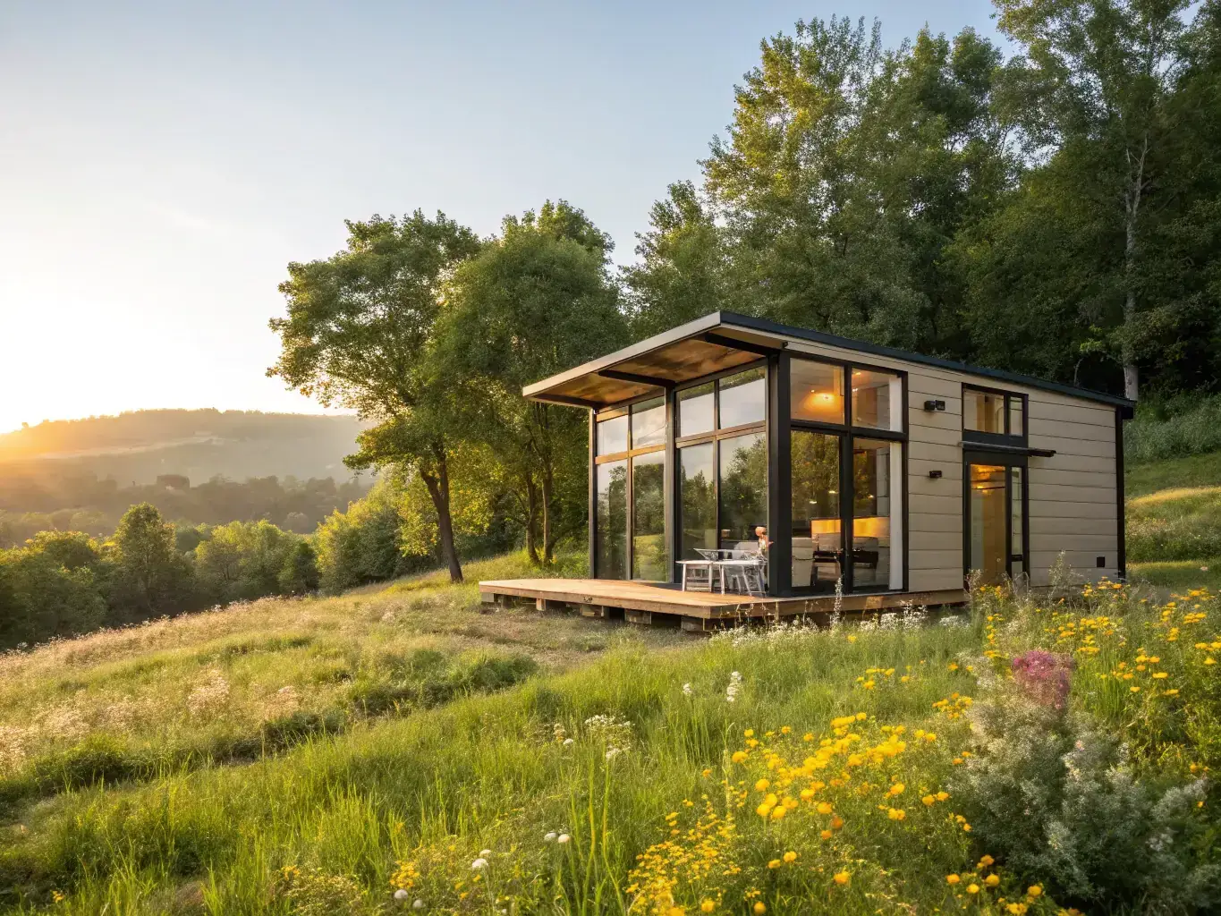 A luxurious tiny home nestled in a lush glamping community, showcasing modern design and sustainable living, perfect for attracting eco-conscious investors.