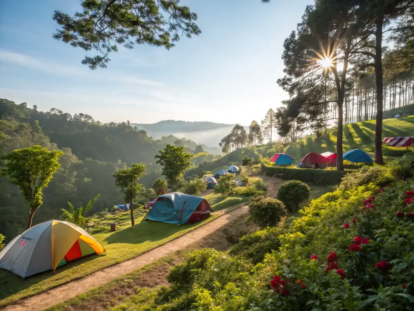 A scenic glamping retreat featuring luxury tents and cabins, surrounded by natural attractions like waterfalls and hiking trails, appealing to adventure seekers and nature lovers.